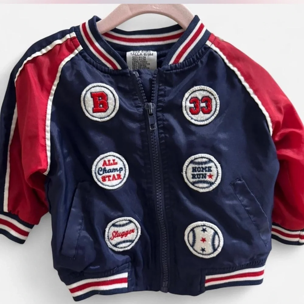 VINTAGE 1980s 90s Toddler Nylon Baseball Jacket Coat red & blue 6/9 Months 6-9